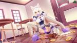  1girl accident accidental_exposure animal_ear_fluff animal_ears apron bell black_dress blonde_hair blue_eyes blush bow bow_panties bowtie breasts cafe cake cat_ears cat_girl cat_tail character_name cleavage cleavage_cutout clothing_cutout clumsy coconut_(nekopara) coffee commentary cookie cup dress dutch_angle english_commentary fangs fishnet_thighhighs fishnets food frilled_apron frilled_dress frills full_body garter_straps hair_between_eyes hand_up heterochromia high_heels highres indoors jingle_bell large_breasts legs long_hair looking_down m_legs maid maid_headdress mug name_tag neck_bell nekopara open_mouth panties plate puffy_short_sleeves puffy_sleeves purple_bow purple_bowtie purple_panties purple_shoes reflection reflective_liquid shoes short_dress short_sleeves signature sitting sleeve_bow slit_pupils solo spread_legs tail terithes thighhighs thighs tile_floor tiles underwear upskirt very_long_hair waitress web_address white_apron white_sleeves white_wrist_cuffs wrist_cuffs yellow_eyes 