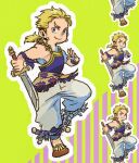  1boy arm_up beard_stubble blonde_hair blue_eyes blue_ribbon blue_shirt closed_mouth commentary_request facial_hair fighting_stance final_fantasy final_fantasy_vi full_body gold_trim green_background holding holding_sword holding_weapon looking_at_viewer low_ponytail male_focus pants ponytail ribbon sabin_rene_figaro shirt short_hair sleeveless sleeveless_shirt smile solo stubble sword uedymummy0921 weapon white_pants 