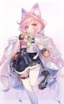  1girl absurdres ahoge animal_ear_fluff animal_ears arknights black_shoes black_skirt black_thighhighs bracelet cape carrot chinese_commentary clover commentary finger_to_mouth fingerless_gloves flower four-leaf_clover fur-trimmed_skirt fur_trim gloves hand_up highres infection_monitor_(arknights) jewelry long_hair looking_at_viewer material_growth orange_gloves oripathy_lesion_(arknights) pink_eyes pink_hair pink_shirt rabbit_ears rabbit_girl shirt shoes skirt smile solo standing standing_on_one_leg thighhighs thumpy_(arknights) white_cape white_flower xianyu_zzz 