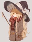  artist_name black_hat blonde_hair blush bow braid breath broom buttons charm_(object) coat commentary cowboy_shot eyebrows eyebrows_visible_through_hair eyes_visible_through_hair frilled_hat frills grey_background hair_bow hair_ornament hair_tie hajin hands_in_pockets hat hat_bow kirisame_marisa long_braid long_hair long_sleeves messy_hair mini-hakkero parted_lips plaid plaid_scarf revision scarf side_braid simple_background single_braid solo steam touhou very_long_hair white_bow winter_clothes winter_coat witch_hat yellow_eyes 