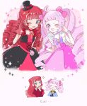  2girls :d ;d ahoge aozora_himari atami_nana black_dress black_hat blue_eyes bow chibi choker commentary dress drill_hair gloves hair_bow hand_up hat hat_bow hat_ribbon heart heart_hands heart_hands_duo highres himitsu_no_aipri in-franchise_crossover key key_choker long_hair looking_at_viewer multiple_girls one_eye_closed onegai_aipri open_mouth palms_together pecoe pink_bow pink_dress pink_eyes pink_hair pretty_series red_bow red_choker red_dress red_gloves red_hair red_ribbon ribbon smile tilted_headwear top_hat twintails two-tone_dress 