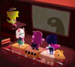  1boy 1girl 1other animal_ears black_hair cape commentary deltarune floradinn furry furry_female furry_male glasses goat_boy goat_ears green-framed_eyewear hat highres kris_(dark_world)_(deltarune) kris_(deltarune) lever on_train orange_(deltarune) pink_cape purple_hair ralsei shadow susie_(dark_world)_(deltarune) susie_(deltarune) t_hanada_444 train utdr_(toby_fox) 