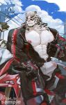  1boy abs absurdres animal_ears arknights artist_name bara bird black_bodysuit black_gloves blue_sky bodysuit bulge closed_mouth cloud cross_scar english_text erection erection_under_clothes furry furry_male gloves highres kitai_su looking_at_viewer male_focus motor_vehicle motorcycle mountain_(arknights) mountain_(hardcore_rider)_(arknights) muscular muscular_male navel nipples on_motorcycle open_bodysuit open_clothes pectorals scar scar_across_eye scar_on_cheek scar_on_chin scar_on_face sky smile sunglasses sweat tiger_boy tiger_ears tiger_stripes twitter_username utility_pole white_background 