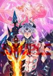  1boy 1girl abs black_claws black_horns blue_eyes breasts commentary_request corset demon_boy demon_horns demon_wings elysia_(herrscher_of_human:_ego)_(honkai_impact) elysia_(honkai_impact) floating honkai_(series) honkai_impact_3rd horns kaneaki_mukku kevin_kaslana kevin_kaslana_(diabolic) large_breasts long_hair pink_hair planted planted_sword pointy_ears sample_watermark short_hair smile sword toned toned_male topless_male very_long_hair watermark weapon white_corset white_hair wings 