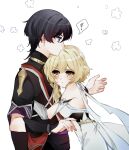  ! 1boy 1girl :t adam's_apple arm_cutout armor bishounen black_bodysuit black_hair black_kimono black_sleeves blonde_hair blue_trim blunt_ends blush bodysuit breasts closed_mouth clothing_cutout commentary_request couple detached_sleeves dress eyelashes fingernails from_side furisode genshin_impact gold hair_between_eyes hands_up height_difference hetero highres hug japanese_armor japanese_clothes jewelry juban kimono kote kurokote kusazuri layered_sleeves leaning_on_person looking_at_another lumine_(genshin_impact) medium_breasts migigi neck_ring pout profile purple_eyes purple_sash purple_sleeves red_kimono sash scaramouche_(genshin_impact) scaramouche_(harbinger)_(genshin_impact) scarf short_hair short_hair_with_long_locks short_sleeves sidelocks sideways_mouth single_sode spoken_exclamation_mark surprise_hug surprised thai_commentary tsurime vambraces white_background white_dress white_kimono white_scarf white_sleeves wolf_cut yellow_eyes 