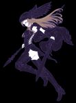  1girl armlet armor ass asymmetrical_dual_wielding black_armor black_background black_boots black_cape black_helmet black_skirt boots bracer breastplate breasts brown_hair cape closed_mouth cross-laced_slit dual_wielding flat_color from_side full_body half-closed_eyes helmet holding holding_polearm holding_sword holding_weapon jewelry leg_up long_hair looking_at_viewer medium_breasts miniskirt original pink_eyes polearm profile side_slit sideless_outfit sideways_glance simple_background skirt solo spear sword thigh_boots weapon winged_helmet yamato_akira 