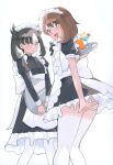  2girls absurdres apron asymmetrical_bangs back_bow black_dress black_hair blush bow brown_eyes brown_hair cherry dress food frills fruit gloria_(pokemon) green_eyes highres holding holding_tray juliet_sleeves large_bow long_sleeves maid maid_apron maid_headdress marnie_(pokemon) medium_hair multiple_girls open_mouth pokemon pokemon_sword_and_shield puffy_short_sleeves puffy_sleeves ririmon scan short_sleeves simple_background thighhighs third-party_source tray twintails white_background white_bow white_thighhighs zettai_ryouiki 