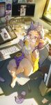  1girl :t ahoge at_computer bare_legs barefoot blue_hairband blush bra_strap chair chopsticks chromatic_aberration commentary computer computer_keyboard desk drawing_tablet eating english_commentary feet figure food food_in_mouth food_on_face from_above full_body gawr_gura gawr_gura_(1st_costume) glasses gradient_hair hairband highres holding holding_chopsticks hololive hololive_english incense indoors instant_cup_noodles instant_noodles instant_ramen knee_up legs long_hair looking_at_viewer mole mole_under_eye monitor mori_calliope mori_calliope_(1st_costume) multicolored_hair multiple_monitors ninomae_ina'nis ninomae_ina'nis_(1st_costume) noodles off-shoulder_shirt off_shoulder office_chair orange_hair pointy_ears poster_(object) purple_eyes purple_hair ramen red-framed_eyewear round_eyewear shirt sitting slippers solo swivel_chair takanashi_kiara takanashi_kiara_(1st_costume) takodachi_(ninomae_ina'nis) tentacle_hair toes trash_can twitter vinoillust virtual_youtuber watson_amelia watson_amelia_(1st_costume) window window_light yellow_shirt yvonne_(arknights) 