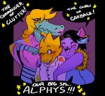 2015 alphys anthro blush bratty_(undertale) catty_(undertale) clothing eddiesshitshow english_text fangs feline female group lizard mammal overweight piercing reptile scalie simple_background slightly_chubby smile teeth text undertale video_games 