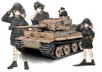  blonde_hair blue_eyes breasts commentary_request eyepatch green_eyes ground_vehicle hat headphones iron_cross kepi kurokishi_monogatari light_brown_hair military military_vehicle motor_vehicle multiple_girls nakamura_3sou smile tank tiger_i twintails white_background 