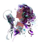  1girl anjo_nala bare_shoulders black_hair closed_eyes cropped_shoulders curled_horns from_side grey_horns hand_up highres holding holding_microphone_stand horns iroiise long_hair low_horns microphone microphone_stand portrait profile reverse:1999 singing solo vintage_microphone white_background 