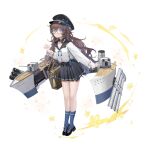  1girl bag baseness black_sailor_collar black_skirt blue_eyes blue_socks bow brown_hair cannon chinese_commentary closed_mouth commentary_request falling_petals flower full_body glasses hair_ornament hat highres kneehighs loafers long_hair long_sleeves looking_at_viewer newsboy_cap pankou petals pleated_skirt ribbon rigging sailor_collar school_uniform shirt shoes shoulder_bag simple_background skirt smile socks solo standing star_(symbol) t955_(warship_girls_r) tassel very_long_hair warship_girls_r wavy_hair white_background white_shirt 