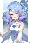  1girl :d absurdres alternate_costume blue_hair blush breasts brown_eyes commentary_request dress eyes_visible_through_hair ferris_wheel highres joshua_dave juno_(warship_girls_r) long_hair long_sleeves looking_at_viewer medium_breasts open_mouth outdoors see-through_clothes see-through_sleeves smile solo warship_girls_r white_dress 
