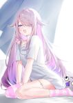  1girl absurdres asymmetrical_legwear bed_sheet braid clothes_writing colored_inner_hair commentary curtains gradient_hair grey_hair hair_flaps hair_over_one_eye highres hololive hololive_english indoors jewel_under_eye jewelry koseki_bijou koseki_bijou_(pebble_pajamas) long_hair looking_at_viewer multicolored_hair no_shoes official_alternate_costume open_mouth pebble_(koseki_bijou) pink_hair pink_socks pink_thighhighs purple_eyes purple_hair ronanandresgavi shirt sidelocks single_braid single_sock sitting socks solo striped_clothes striped_socks swept_bangs t-shirt thighhighs thighlet uneven_legwear untranslatable_commentary very_long_hair virtual_youtuber wariza white_shirt yawning 