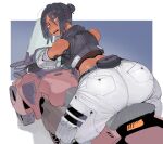  1girl ass ass_focus bare_shoulders cyberpunk dark-skinned_female dark_skin from_behind looking_back midriff motor_vehicle motorcycle off_shoulder open_mouth original ponytail riding sido_(slipknot) sitting solo techwear wheel 