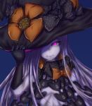 abigail_williams_(fate/grand_order) bangs black_bow black_gloves black_hat blue_background bow closed_mouth code-theia commentary_request elbow_gloves fate/grand_order fate_(series) gloves glowing glowing_eyes hand_on_headwear hat hat_bow long_hair looking_at_viewer one_eye_covered orange_bow pale_skin parted_bangs pink_eyes print_bow revealing_clothes silver_hair simple_background solo star star_print very_long_hair witch_hat 