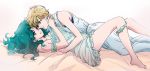  aqua_hair bare_legs bare_shoulders bishoujo_senshi_sailor_moon blonde_hair couple dress frills hug kaiou_michiru light_smile long_hair lying mizuki_mario multiple_girls panties panties_around_one_leg parted_lips short_hair ten'ou_haruka underwear very_short_hair white_dress yuri 