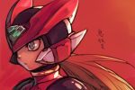  armor blonde_hair blue_eyes closed_mouth hankuri helmet long_hair male_focus ponytail red_background robot rockman rockman_zero simple_background solo upper_body zero_(rockman) 