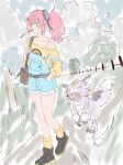  1girl absurdres aiba_ami alternate_costume artkittylucky bag bat_wings blue_eyes blue_overalls bra_strap claws closed_eyes cloud cloudy_sky collarbone coloring_practice commentary digicore_interface digimon digimon_(creature) digimon_story:_cyber_sleuth dorumon dragon english_commentary fence forehead_jewel goggles goggles_on_head grass hand_in_pocket highres long_hair messenger_bag mini_wings mouth_hold open_mouth outdoors overall_shorts overalls path purple_fur red_hair shirt shoulder_bag side_ponytail single_bare_shoulder single_off_shoulder sketch sky stalk_in_mouth tree walking white_fur wings wooden_fence yellow_shirt 