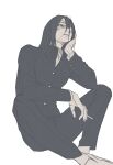  1boy absurdres alternate_costume between_fingers black_hair cigarette closed_mouth commentary_request contemporary elbow_on_knee eren_yeager eyepatch full_body gakuran hand_on_own_neck highres holding holding_cigarette invisible_floor knees_apart_feet_together knees_up korean_commentary looking_at_viewer male_focus medical_eyepatch medium_hair omoc_ackerman school_uniform shingeki_no_kyojin short_hair simple_background sitting solo white_background 