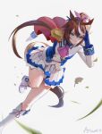  1girl animal_ears ascot asymmetrical_gloves blue_eyes blue_gloves blush boots breasts brown_hair buttons cape closed_mouth commentary_request double-breasted epaulettes gloves hair_between_eyes highres horse_ears horse_girl horse_tail jacket long_hair long_sleeves mismatched_gloves multicolored_hair multicolored_jacket pink_ascot ponytail red_cape running single_epaulette single_hair_streak skirt small_breasts solo streaked_hair tail tokai_teio_(peak_joy)_(umamusume) tokai_teio_(umamusume) ttt_(5274293) two-tone_hair two-tone_jacket two-tone_skirt umamusume white_boots white_gloves white_hair white_jacket white_skirt white_streaks 