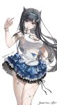  1girl absurdres aqua_hairband artist_name black_hair blue_eyes blue_nails blue_skirt bracelet breasts chinese_commentary cleavage cleavage_cutout clothing_cutout commentary_request fish_hair_ornament fishnets frilled_skirt frills goddess_of_victory:_nikke green_eyes grin hair_horns hair_ornament hairband hand_on_own_hip highres jewelry large_breasts layered_skirt long_hair looking_at_viewer mint_(nikke) mole mole_on_breast mole_on_cheek mole_under_eye nail_polish pantyhose shirt simple_background skirt sleeveless sleeveless_shirt smile solo thighs white_background white_shirt yuzuriha_coffee 