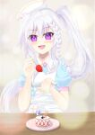  1girl 9-nine- :d apron blue_dress blueberry blush braid cake character_print commentary_request dress eyes_visible_through_hair feeding_viewer floating_hair food fruit grey_hair hair_between_eyes hands_up hat highres holding holding_food holding_fruit indoors julinailia long_hair looking_at_viewer niimi_sora nurse nurse_cap official_alternate_costume open_mouth puffy_short_sleeves puffy_sleeves purple_eyes short_sleeves side_ponytail sidelocks single_braid smile solo sophitia strawberry strawberry_shortcake twitter_username upper_body very_long_hair white_apron 