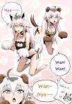  2girls ahoge animal_ears animal_hands bell blue_eyes blush bow breasts cat_cutout cat_ears cat_girl cat_paws cat_tail clothing_cutout collar commentary dog_ears dog_girl dog_tail ear_bow ear_covers ear_ornament english_commentary grey_hair hair_between_eyes hair_ornament hairband headband highres horse_ears horse_girl long_hair multicolored_hair multicolored_hairband multiple_girls neck_bell oguri_cap_(umamusume) open_mouth red_headband reinren_sa shirt striped_clothes striped_hairband tail tamamo_cross_(umamusume) two-tone_hairband umamusume 