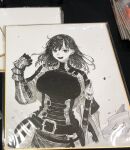  1girl auyn_awinaz_(navigavi) belt belt_buckle breasts buckle commentary_request gambeson gauntlets hand_up highres jun_(navigavi) large_breasts looking_at_viewer monochrome nose_shade open_mouth original paper_background photo_(medium) sheath sheathed shikishi signature sketch smile solo sword teeth traditional_media underbust upper_body weapon 