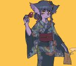  ambiguous_gender beverage canid canine clothed clothing food fur hair hair_ornament holding_object hsv_000 japanese_clothing kimono looking_at_viewer mammal purple_fur purple_hair simple_background solo tea yellow_background yellow_eyes 