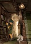  1girl ahoge ahoge_girl_(jimini_shijimi) beret blunt_bangs book book_stack bookshelf brown_shoes carpet commentary dot_nose expression_request fantasy ghost green_hat green_jacket green_skirt grey_socks hat highres holding holding_book indoors jacket jimini_shijimi library looking_at_another no_pupils original pleated_skirt ribbed_socks shoes short_eyebrows short_hair sidelocks sitting skirt socks solo stairs standing 