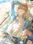  1boy absurdres aqua_hair arm_up aventurine_(honkai:_star_rail) aventurine_(waveflair)_(honkai:_star_rail) bab_du_666 bandana bandana_around_arm beach blonde_hair blue-tinted_eyewear blue_eyes blue_shirt bracelet braid chair chromatic_aberration cocktail_glass collared_shirt commentary cup curtained_hair day drink drinking_glass earrings flower gold_earrings hair_between_eyes highres holding holding_cup honkai:_star_rail honkai_(series) jewelry looking_at_viewer lounge_chair lying male_focus medium_hair mouth_hold multicolored_eyes multicolored_hair multiple_necklaces neck_tattoo necklace ocean on_back on_chair open_clothes open_shirt outdoors parted_bangs parted_lips ponytail print_sash print_shirt purple_eyes ring sand sash shirt short_ponytail side_braid solo streaked_hair sunglasses tattoo tinted_eyewear toned toned_male triangle_print two-tone_eyes unworn_eyewear waist_sash water wet wet_hair white_flower white_shirt yellow_bandana yellow_sash 