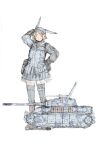  1girl animal_ears bag blonde_hair brown_gloves camouflage caterpillar_tracks combat_helmet commentary_request cross fake_animal_ears faux_traditional_media gloves green_eyes gun hand_on_own_head hand_on_own_hip heavy_machine_gun helmet insignia machine_gun military military_uniform military_vehicle motor_vehicle original rabbit_ears satchel sketch skirt solo tank tank_gun tank_turret thighhighs two-barred_cross weapon white_background y_(khakiyawn) 