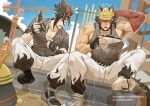  2boys animal_ears anton_ivanov armpit_hair artist_name bandaged_arm bandages bangboo_(zenless_zone_zero) bara black_hair black_socks colored_bangs commentary construction_site dirty dirty_clothes dog_boy doodlefish english_commentary fingerless_gloves gloves grey_tank_top hard_hat headband helmet highres jewelry komano_manato male_focus multicolored_hair multiple_boys muscular muscular_male necklace orange_eyes pants red_hair scar scar_across_eye scar_on_face socks striped_headband sweat tank_top two-tone_hair unbuttoned unbuttoned_shirt white_socks zenless_zone_zero 