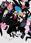  2girls 6+boys abs afro black_dress black_hair black_suit blonde_hair blue_hair blunt_bangs brook_(one_piece) chain commentary_request cross dress franky_(one_piece) green_hair hat heart heart-shaped_eyes high_heels highres log_pose mike_(tomatomato244) monkey_d._luffy multiple_boys multiple_girls nami_(one_piece) nico_robin one_piece one_piece:_strong_world orange_hair pink_hat pompadour red_shirt roronoa_zoro sandals sanji_(one_piece) shirt skeleton smile straw_hat straw_hat_pirates suit sunglasses tony_tony_chopper usopp 