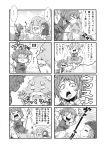 4koma =_= ahegao aono3 arms_up beard blush breasts cloak closed_mouth comic crying emphasis_lines eyebrows_visible_through_hair facial_hair floating greyscale highres hood hooded_cloak index_finger_raised kumoi_ichirin long_sleeves medium_breasts monochrome multiple_girls mustache open_mouth serious short_hair skirt smile squatting standing streaming_tears sweat sweating_profusely tatara_kogasa tears tongue tongue_out touhou translation_request unzan v-shaped_eyebrows wide-eyed 
