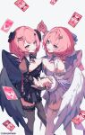  2girls black_dress black_thighhighs black_wings breasts card checkered_floor cleavage commentary_request dancing dress dual_persona highres holding_hands medium_breasts medium_hair miri_(cherryjelly) multiple_girls open_mouth pink_hair purple_eyes remielle_dan remielle_dan_(moonlight_whispers) simple_background tarot tarot_card thighhighs thighs tongue tongue_out twitter_username white_background white_dress white_thighhighs white_wings wings zenless_zone_zero 
