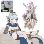  2girls ahoge aino_(genshin_impact) android asymmetrical_legwear bangs_pinned_back blue_eyes blue_hair breasts cape closed_mouth commentary couch dress duct_tape english_commentary figure_four_sitting genshin_impact hair_between_eyes hair_ornament hat highres ineffa_(genshin_impact) joints juffles kid_taped_to_wall_(meme) long_hair long_sleeves meme multiple_girls on_couch photo_inset pink_hair purple_eyes reference_inset robot_joints screw_hair_ornament sidelocks sitting sleeves_past_fingers sleeves_past_wrists tape uneven_legwear very_long_hair 