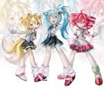  3girls :3 absurdres ahoge akita_neru animal_ears aqua_eyes aqua_hair aqua_necktie arm_behind_back artist_name black_skirt blonde_hair blush closed_mouth collared_shirt commentary crossed_arms drill_hair english_commentary eyelashes full_body gloves grey_shirt hair_between_eyes hair_ribbon hatsune_miku highres index_finger_raised kasane_teto kasane_teto_(sv) knuckles_the_echidna legs_apart long_hair loose_socks medium_hair multicolored_hair multiple_girls multiple_tails necktie open_mouth ponytail red_hair red_shoes ribbon shirt shoes short_necktie short_sleeves skirt sleeveless sleeveless_shirt smile socks sonic_(series) sonic_the_hedgehog spiked_gloves streaked_hair synthesizer_v tail tails_(sonic) tie_clip triple_baka_(group) twin_drills twintails two-tone_hair utau v-shaped_eyebrows vixiiart vocaloid white_background white_gloves white_hair white_ribbon white_shirt white_skirt white_socks white_streaks yellow_eyes yellow_necktie zoom_layer 