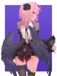  1girl absurdres alb ass_peek black_bow black_dress black_thighhighs black_wings border bow commentary dress feathered_wings from_behind hair_bow highres medium_hair official_alternate_costume pink_hair purple_background purple_eyes remielle_dan remielle_dan_(moonlight_whispers) simple_background smile solo thighhighs thighs white_border wings zenless_zone_zero 