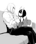  1girl belt bob_cut couch fate/grand_order fate_(series) horns japanese_clothes kimono monochrome oni oni_horns open_clothes open_kimono sakata_kintoki_(fate/grand_order) shiromako short_hair shuten_douji_(fate/grand_order) sitting sleeves_rolled_up 