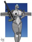  a_drunk_dragon aircraft airplane big_breasts breasts female gun huge_breasts jet living_aircraft living_machine machine pussy ranged_weapon solo weapon 