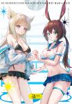  2girls :o absurdres alternate_breast_size_(larger) alternate_costume amiya_(arknights) animal_ears arknights arknights:_endfield artist_name bikini bird_ears bird_girl black_bikini blonde_hair blue_eyes blue_skirt blush breasts brown_hair cleavage collarbone comiket_108 commentary_request copyright_name cover cover_page cowboy_shot doujin_cover garvini groin highres holding_hands in-franchise_crossover jacket jewelry large_breasts long_hair looking_at_viewer miniskirt multiple_girls navel neck_ring off_shoulder open_clothes open_jacket perlica_(arknights) ponytail rabbit_ears rabbit_girl skirt swimsuit thighlet white_bikini white_jacket 