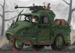  2girls animal_ear_headwear axe commentary_request crate driving dshk forest gun heavy_machine_gun machine_gun manually-operated_mounted_gun mars_expedition military_uniform military_vehicle mittens motor_vehicle multiple_girls nature outdoors pickup_truck red_scarf red_star scarf shovel soviet star_(symbol) technical three-wheeler tools truck vehicle_focus weapon y_(khakiyawn) yellow_eyes 
