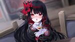  1girl armband black_capelet black_hair black_shirt black_skirt blurry blurry_background capelet chair collared_shirt commentary_request crown feeding_viewer flower gloves hair_flower hair_ornament highres holding holding_spoon long_hair long_sleeves looking_at_viewer mahou_shoujo_no_majo_saiban mini_crown necktie nikaido_hiro oekakisuki3 open_mouth overskirt red_armband red_eyes red_flower red_necktie shirt side_capelet skirt solo spoon upper_body v-shaped_eyebrows white_gloves white_shirt 