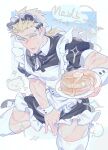  1boy 2026 animal_ear_hairband animal_ears apron bear_ear_hairband bear_ears between_legs black_dress black_ribbon black_shoes blonde_hair blue_background blue_eyes blush border collared_dress commentary_request crossdressing crossdressing_(mtf) dated dress earrings fake_animal_ears final_fantasy final_fantasy_vi food hairband hand_between_own_legs highres holding holding_plate jewelry low_ponytail maid maid_apron maid_day maid_headdress male_focus mayu0828_ff multiple_scars muscular muscular_male neck_ribbon open_mouth pancake pancake_stack plate ponytail puffy_short_sleeves puffy_sleeves ribbon sabin_rene_figaro scar scar_on_arm scar_on_leg scars_all_over shoes short_hair short_sleeves solo stud_earrings sweatdrop thighhighs twitter_username white_border white_thighhighs white_wrist_cuffs wrist_cuffs 