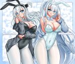  2girls absurdres animal_ear_hairband animal_ears animal_print black_jacket black_leotard blue_background blush breasts color_connection covered_navel cowboy_shot detached_collar fake_animal_ears fuyutsuki_(kancolle) grey_eyes grey_hair hair_color_connection hairband headband highres jacket kantai_collection katou_shinobu large_breasts leotard long_hair multiple_girls one_side_up pantyhose playboy_bunny rabbit_ear_hairband rabbit_ears rabbit_print rabbit_tail siblings sisters strapless strapless_leotard suzutsuki_(kancolle) tail white_jacket white_leotard white_pantyhose white_wrist_cuffs wrist_cuffs 