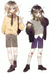  2boys androgynous backpack bag bags_under_eyes bandage_on_knee bandaged_hand bandages bandaid bandaid_on_finger bandaid_on_hand biting black_hair black_jacket black_necktie brown_eyes brown_hair brown_shoes brown_shorts bruise bruise_on_knee bruise_on_leg collared_shirt commentary degrees_of_lewdity double-parted_bangs dress_shoes english_commentary flower freckles full_body gradient_hair green_eyes grey_shirt grey_sweater_vest hair_between_eyes hair_flower hair_ornament heel_up highres holding holding_notebook injury jacket jacket_partially_removed kneehighs kylar_(degrees_of_lewdity) kylar_(male)_(degrees_of_lewdity) long_hair long_hair_between_eyes looking_at_viewer looking_to_the_side low_ponytail male_focus medium_hair messy_hair multicolored_hair multiple_boys nail_biting neck_ribbon necktie nervous notebook okki_home open_clothes open_jacket oxfords ponytail purple_shorts raised_inner_eyebrows ribbon robin_(degrees_of_lewdity) robin_(male)_(degrees_of_lewdity) shirt shoes shorts simple_background sleeves_past_wrists socks standing straight-on striped_clothes striped_socks sweater sweater_vest untied_shoelaces untucked_shirt vertical-striped_clothes vertical-striped_socks white_background white_shirt white_socks wide-eyed yellow_sweater 