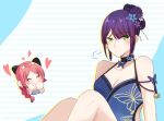  2girls ^_^ alternate_hairstyle animal_print arm_strap assault_lily bare_arms bare_shoulders bell black_collar blue_background blue_flower blue_one-piece_swimsuit blush braid braided_ponytail breasts butterfly_print casual_one-piece_swimsuit chibi chibi_inset cleavage closed_eyes closed_mouth clothing_cutout collar collarbone commentary_request cropped_torso flower funada_kiito green_eyes hair_bun hair_flower hair_ornament hair_over_shoulder hairpods halterneck hands_on_own_chin heart jingle_bell knees_up looking_at_viewer medium_breasts mole mole_under_eye multiple_girls nigari_(ngari_0115) one-piece_swimsuit parted_bangs print_swimsuit puff_of_air purple_flower shiba_tomoshibi short_hair side_braid side_cutout single_braid single_hair_bun sitting striped_background swimsuit two-tone_background upper_body white_flower 