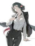  1girl adjusting_clothes adjusting_necktie animal_ears belt black_belt black_hair black_jacket black_necktie black_pants breasts button_gap commentary downturned_eyes formal_clothes green_eyes hand_on_table head_tilt highres jacket jacket_on_shoulders jane_doe_(zenless_zone_zero) large_breasts long_hair looking_at_viewer loose_necktie mouse_ears mouse_girl necktie pants parted_lips partially_unbuttoned red_hair red_nails shewadap shirt solo suit_jacket suit_pants thigh_gap tuxedo white_shirt zenless_zone_zero 